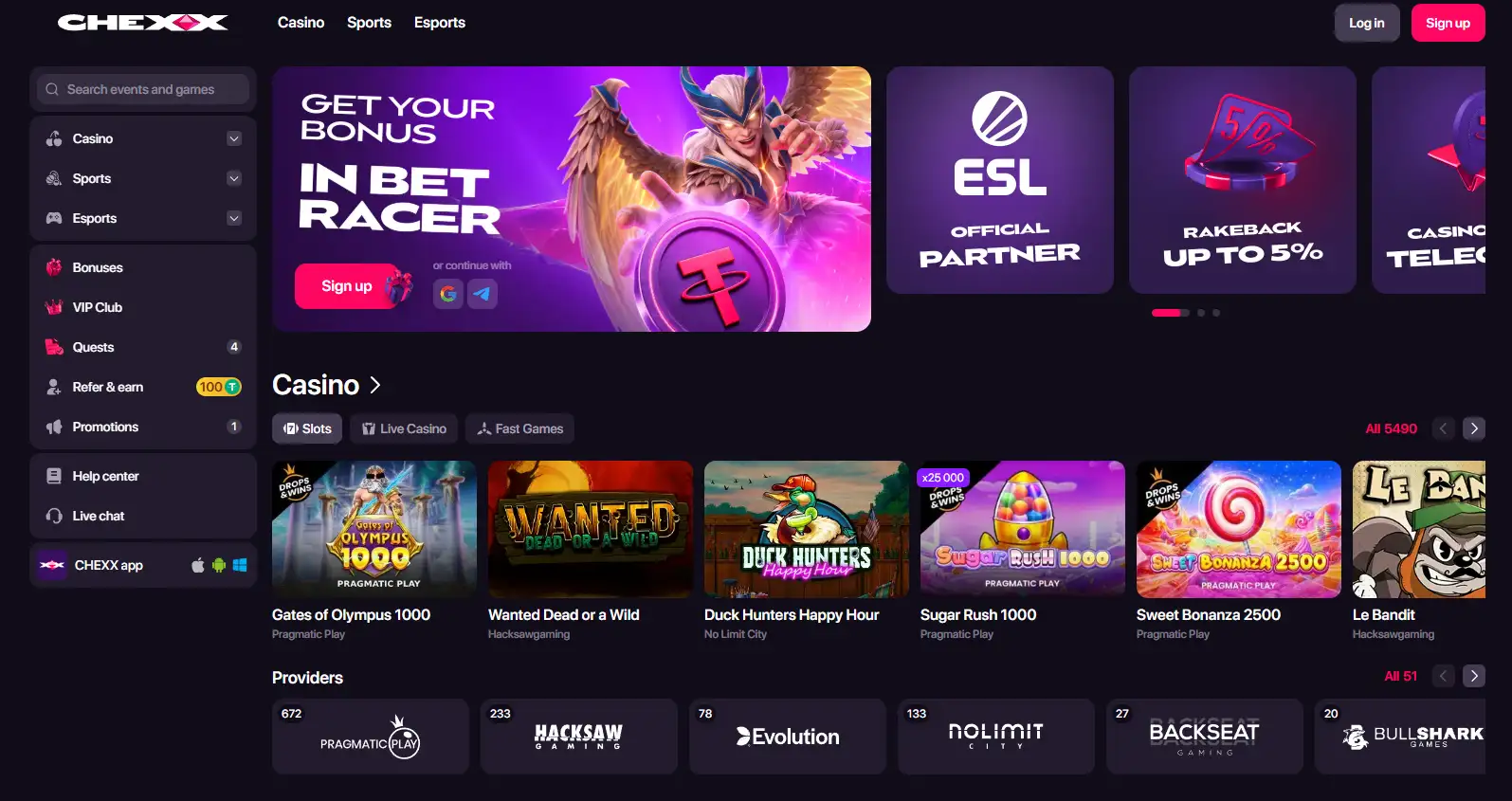 Página inicial do CHEXX Casino Brasil com jogos de cassino, apostas esportivas e esports