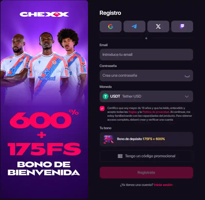 Captura real da interface oficial de cadastro da CHEXX