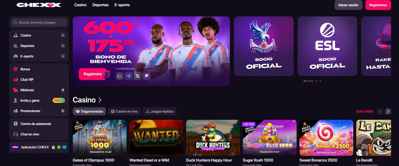 Interface oficial da CHEXX mostrando cassino e sportsbook